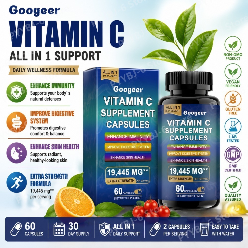 Googeer ビタミン C サプリメント カプセル エクストラストレングス 60 CT、ゼラチン グリセリン ナトリウム、免疫力をサポート
