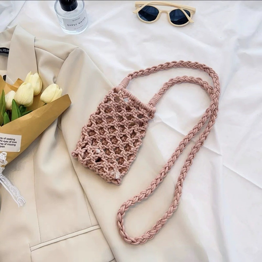 ファッションポータブルクロスボディ電話バッグ中空織無地ショルダーバッグかぎ針編み軽量電話財布ギフト