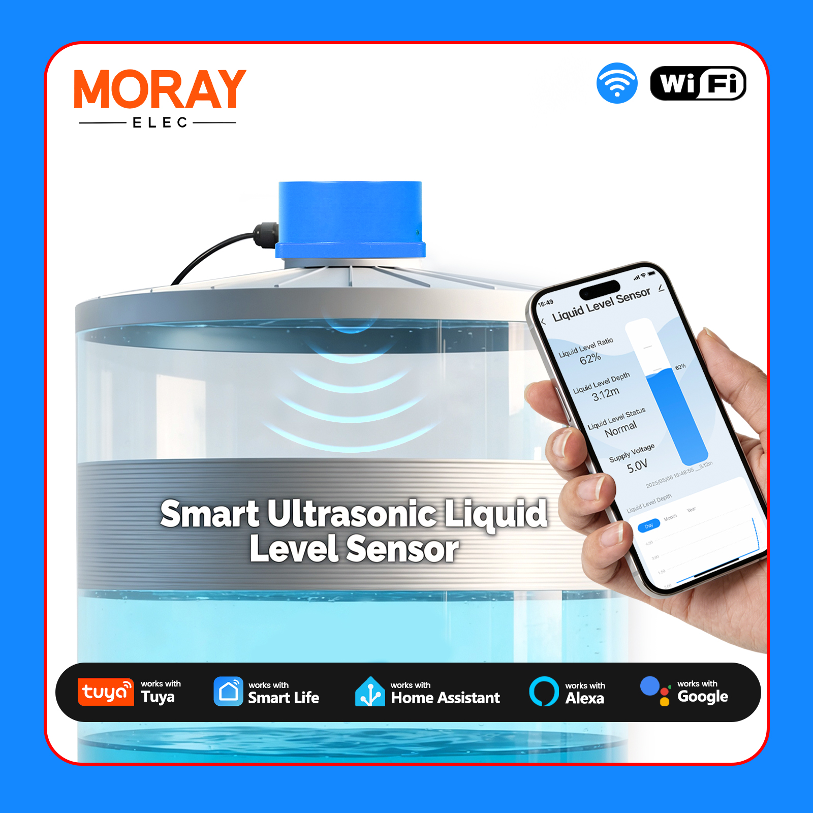 Moray ME201W ワイヤレス Tuya Smartlife APP WiFi 超音波レベルインジケータセンサー液体レベルセンサー水位モニター