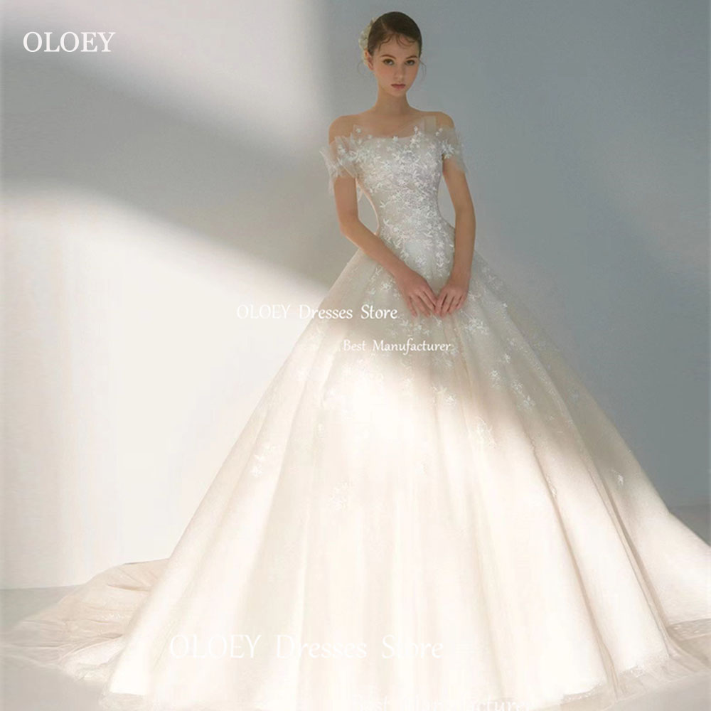 OLOEY シンプルなボールガウン レース チュール ウェディングドレス 写真撮影 オフショルダー ノースリーブ フロアレングス スイープトレイン ブライダルドレス