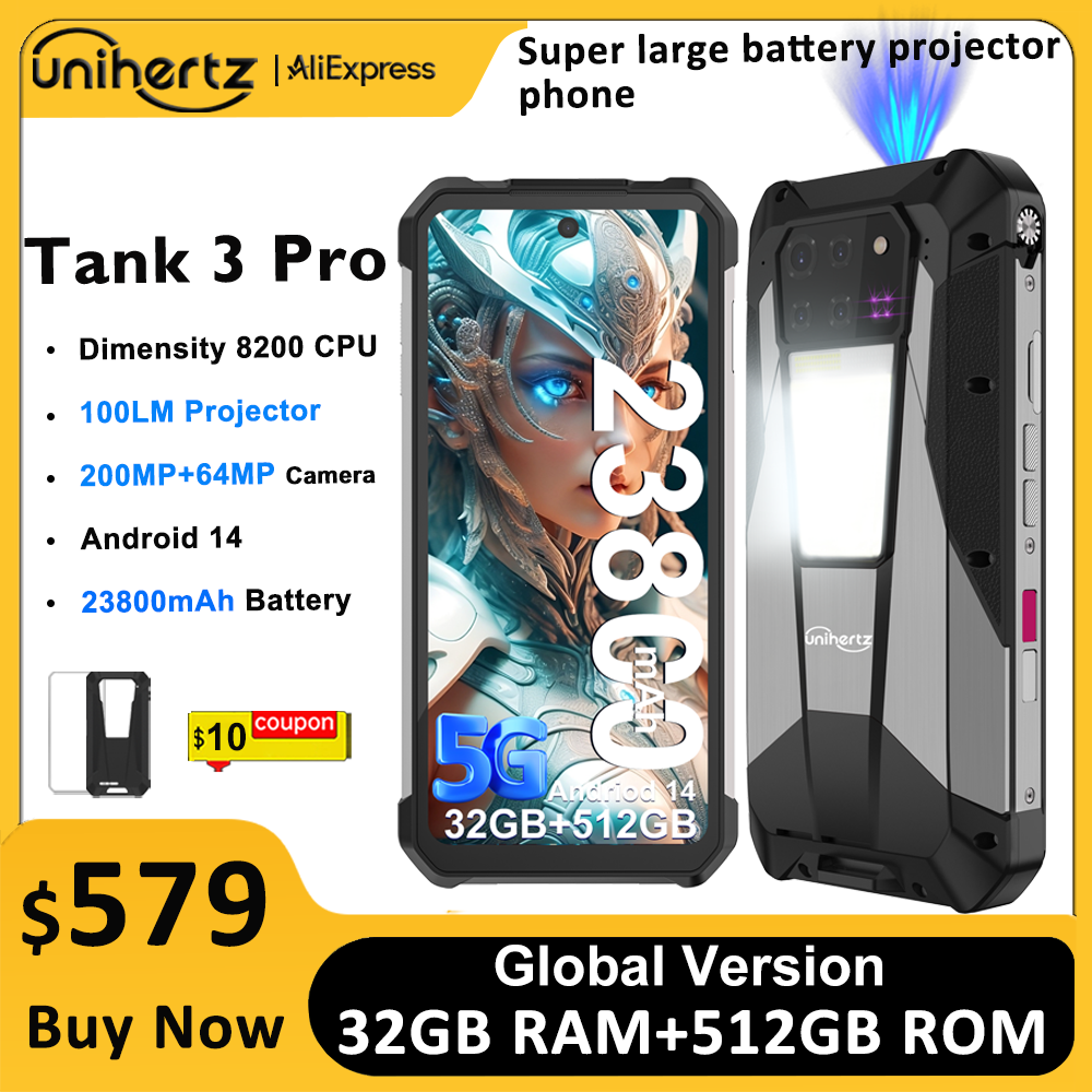 Unihertz Tank 3 Pro 8849 スマートフォン 100 ルーメン 120Hz プロジェクター 32GB 512GB 5G 電話 23800mAh 120W 急速充電器 200MP カメラ
