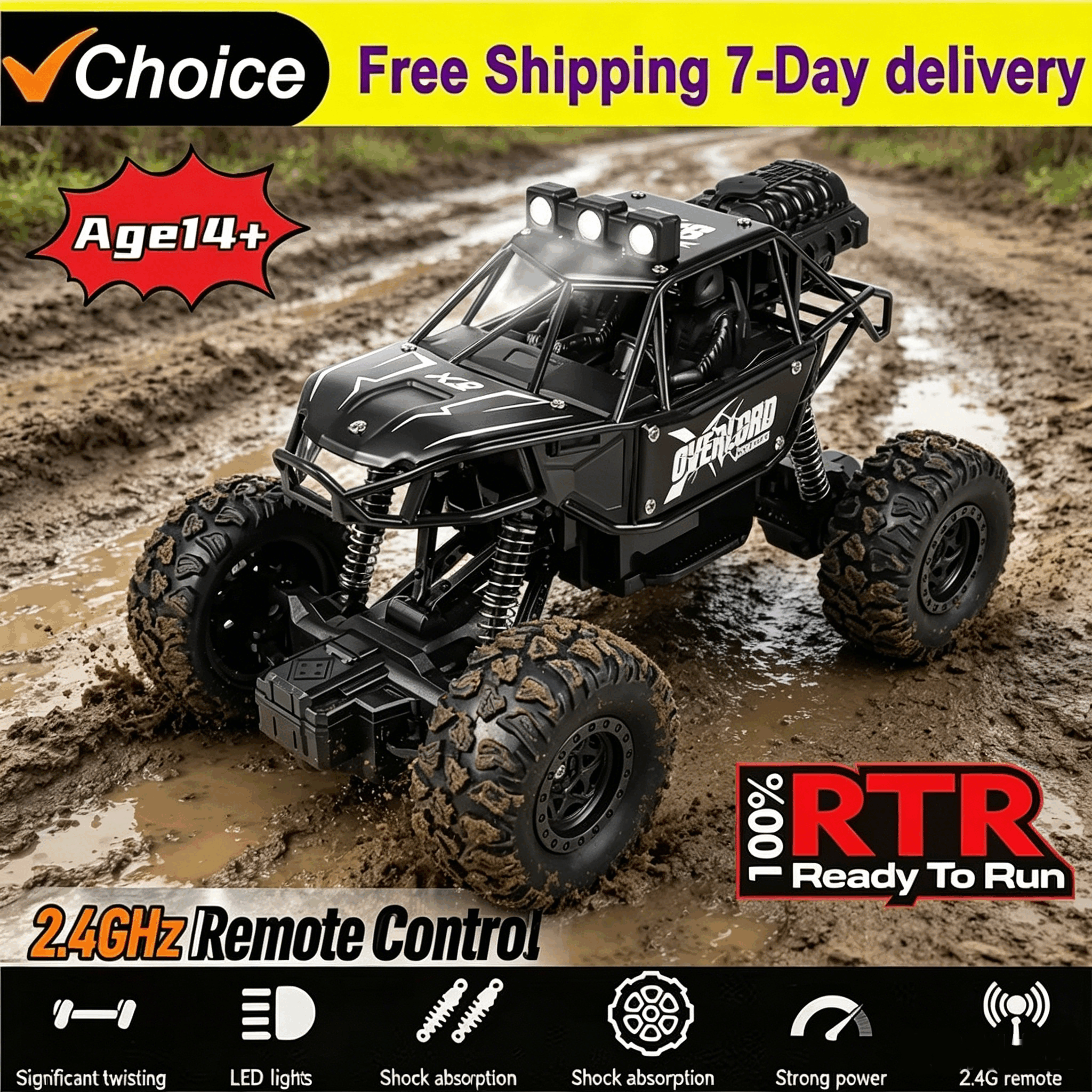 新品 1:16 スケール リモートコントロール モンスター トラック 高速 20KMH オフロード RC カー LED ライト付き 大人 子供用 耐久性のある ギフト対応