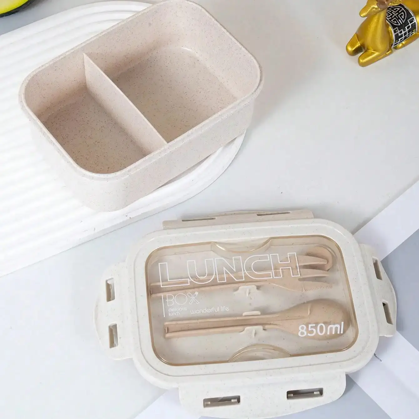 1個 - ソリッドカラーの正方形カトラリーボックス - 食器付き、漏れ防止正方形の分割型電子レンジ対応ランチコンテナ、オフィス、学校用、