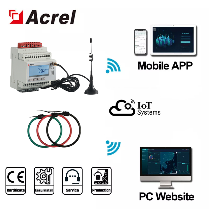 Acrel ADW300 IoT 1 個 4G/WIFI/Lorawan ワイヤレス 3 相スマートエネルギーメーターと 3 個 1000A/4000A ロゴスキーコイル 9/15 センチメートル開口