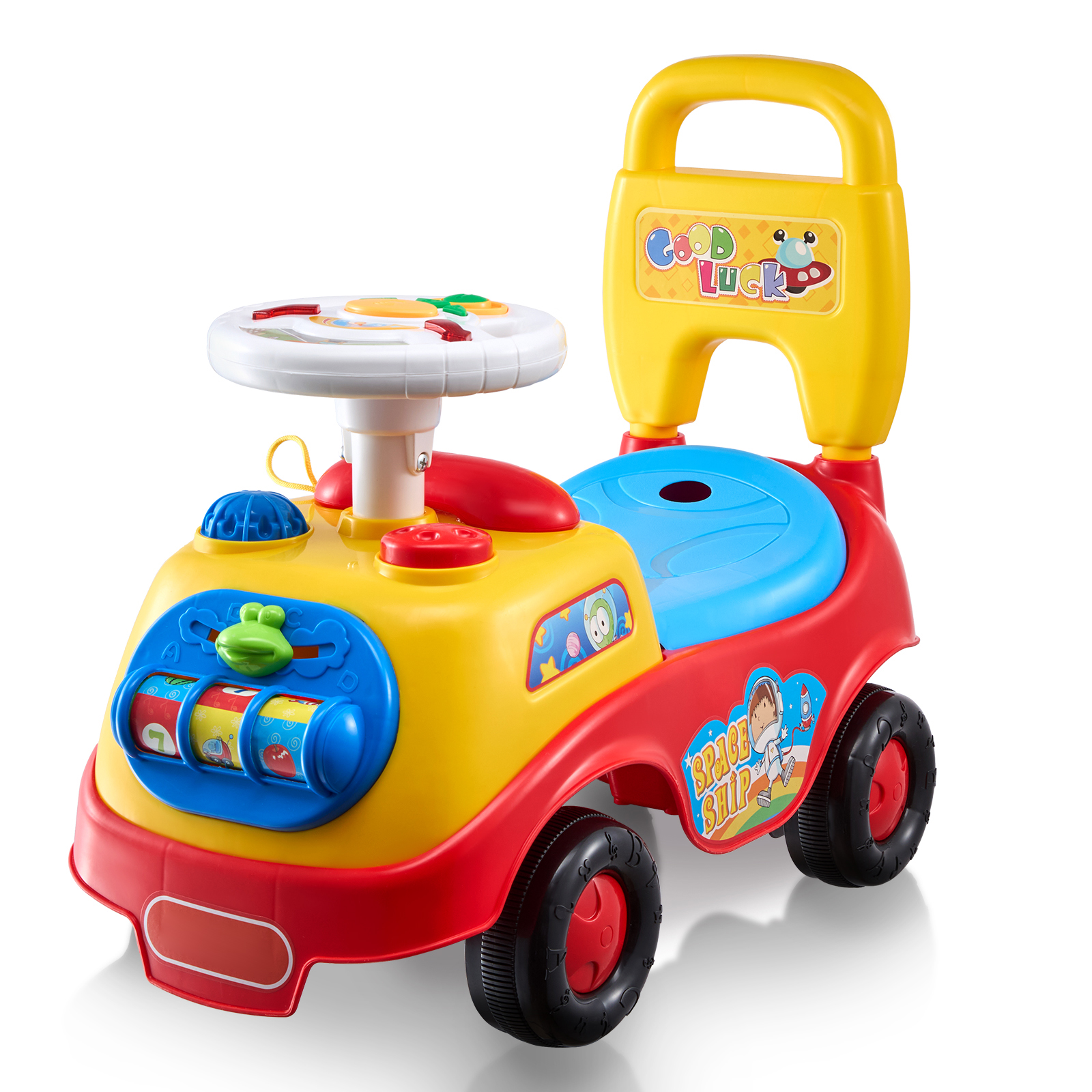 SucceBuy 幼児用プッシュカー 座って立つ 子供用おもちゃの車 音楽付き 幼児用ステアリングホイールシート収納付き