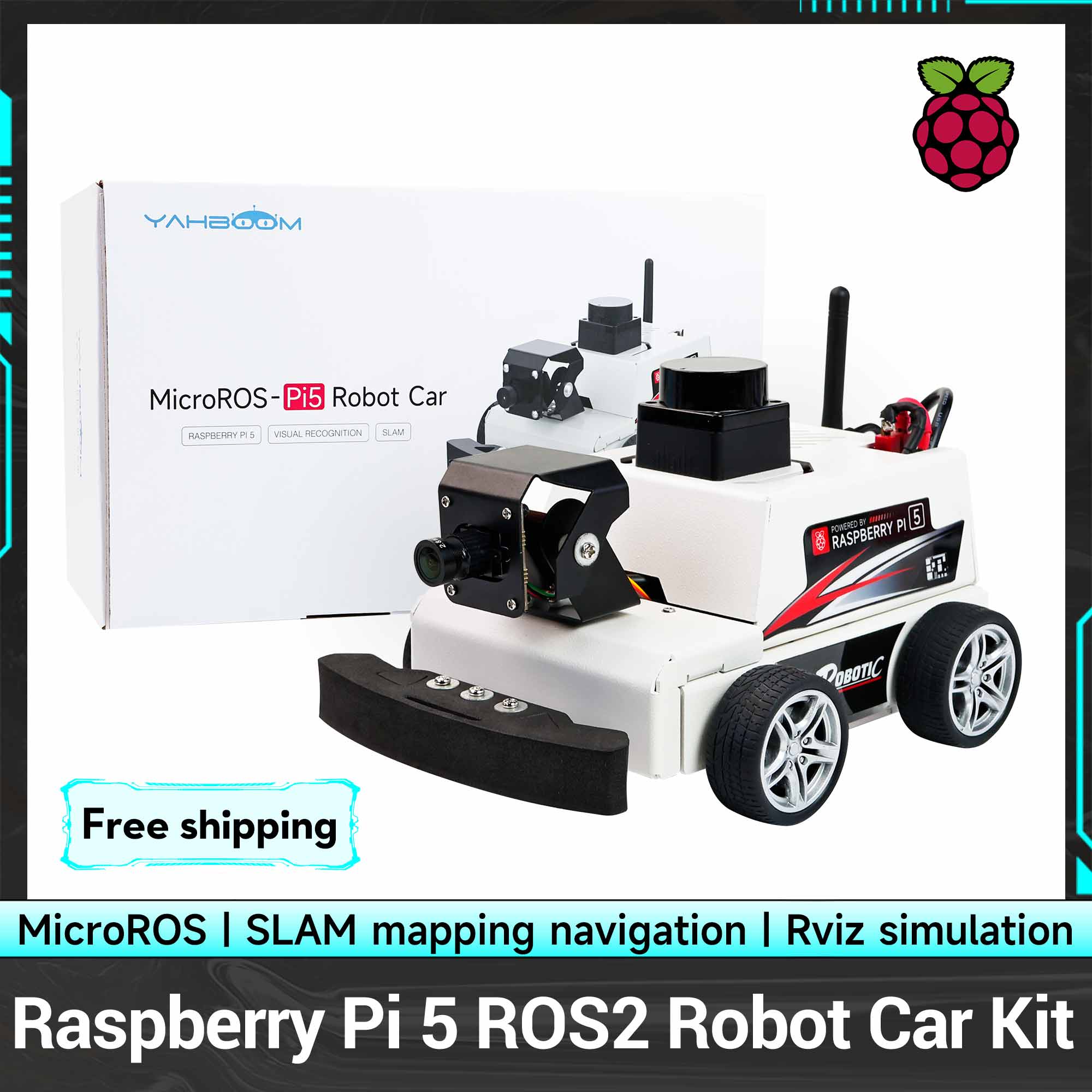 ラズベリーパイ 5 ROS2 ロボットカーキット TOF ライダーサポート AI 視覚認識 SLAM マッピングナビゲーション電子教育セット
