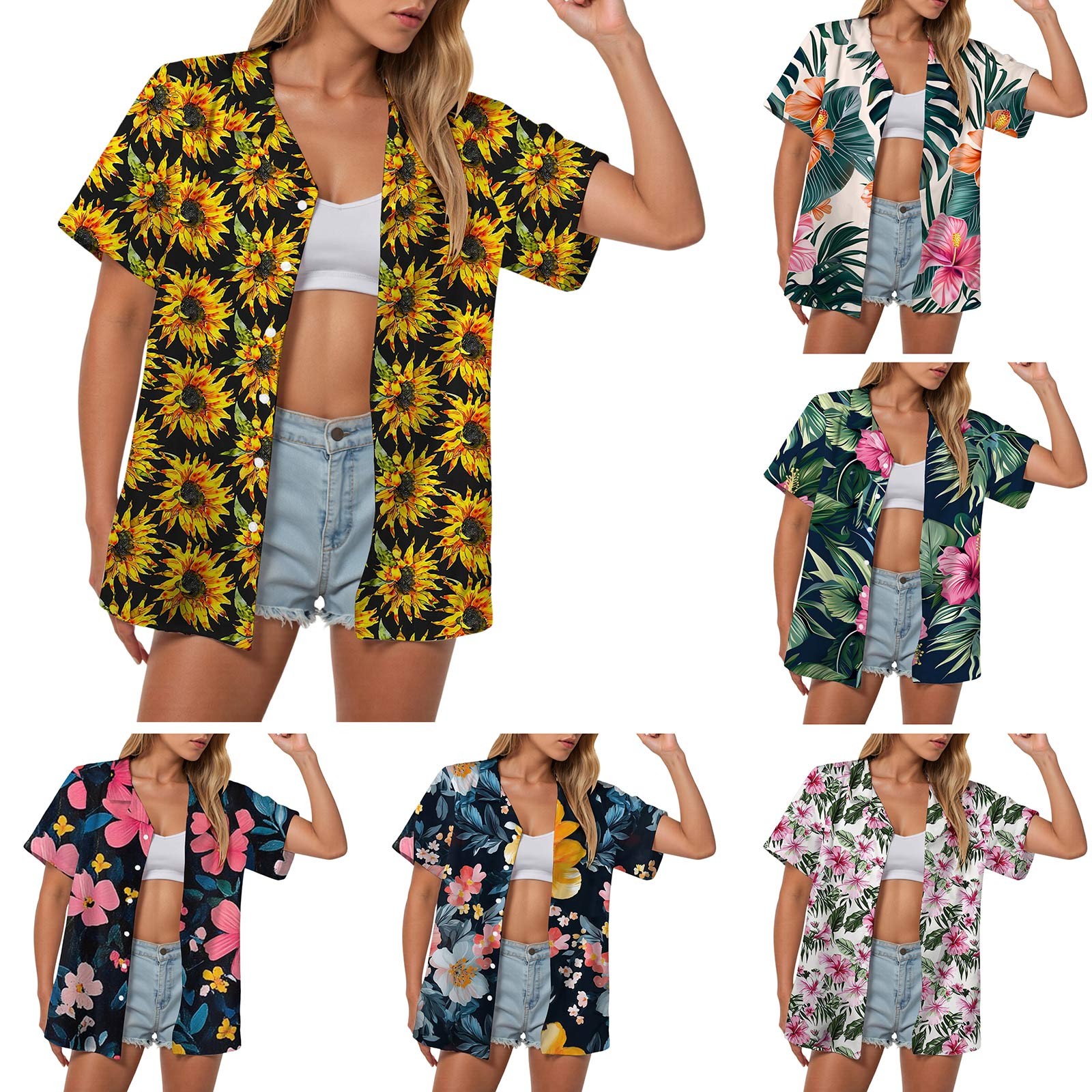 女性アロハシャツトロピカル花柄休暇ビーチシャツ半袖チュニックトップス Blusas 夏休みトップスとブラウス