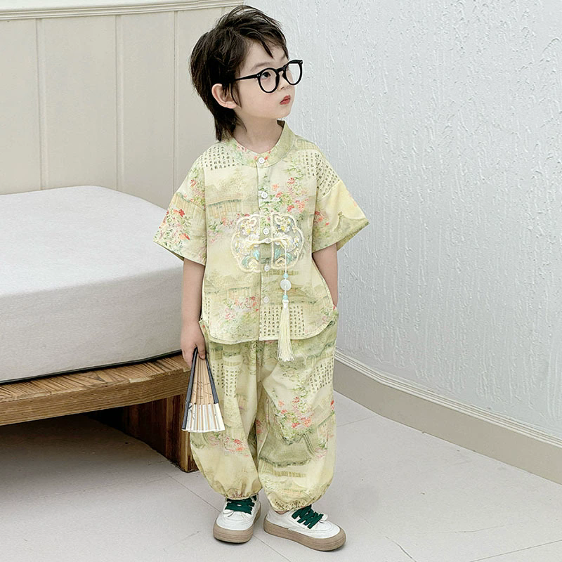 ファッションベビー唐衣装トップスパンツツーピースセット少年衣装カジュアル子供セット夏トゥイーン男の子韓服スーツ子供服