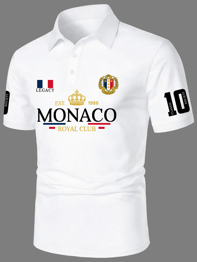 メンズ 半袖ポロシャツ ストリートトレンド MONACO ROYAL CLUB ロゴ 王冠バッジプリント半袖ポロシャツ