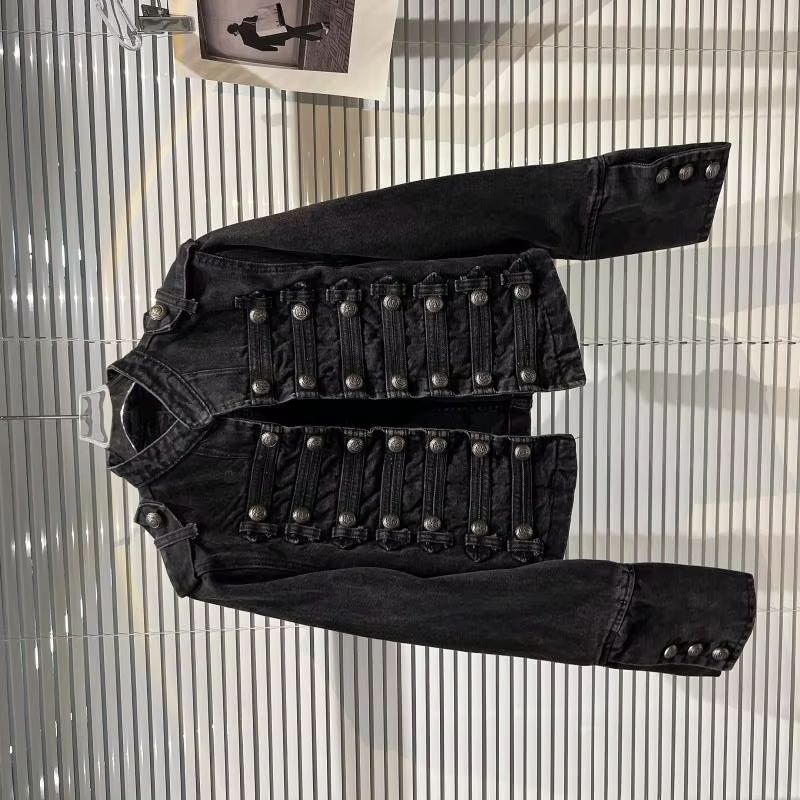 ゴシックパンクハイストリートブラックスタンドカラーデニムジャケットY2Kレトロウォッシュジャケットアメリカンニュールーズカジュアル長袖ジャケット