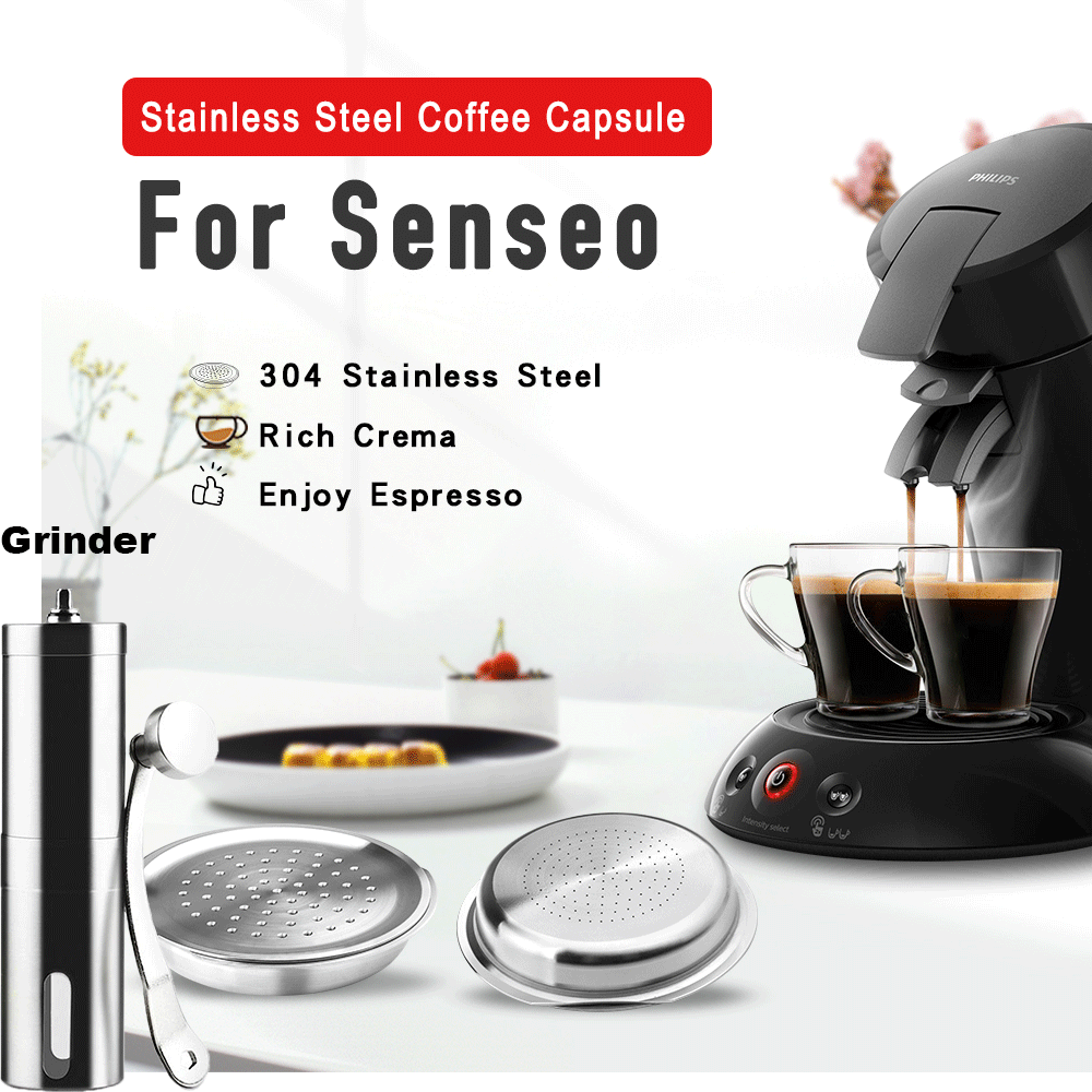 Icafilas 再利用可能なコーヒーカプセル Senseo Maker 用 ステンレススチール 詰め替え可能 再利用可能なコーヒーフィルターポッド グラインダー付き