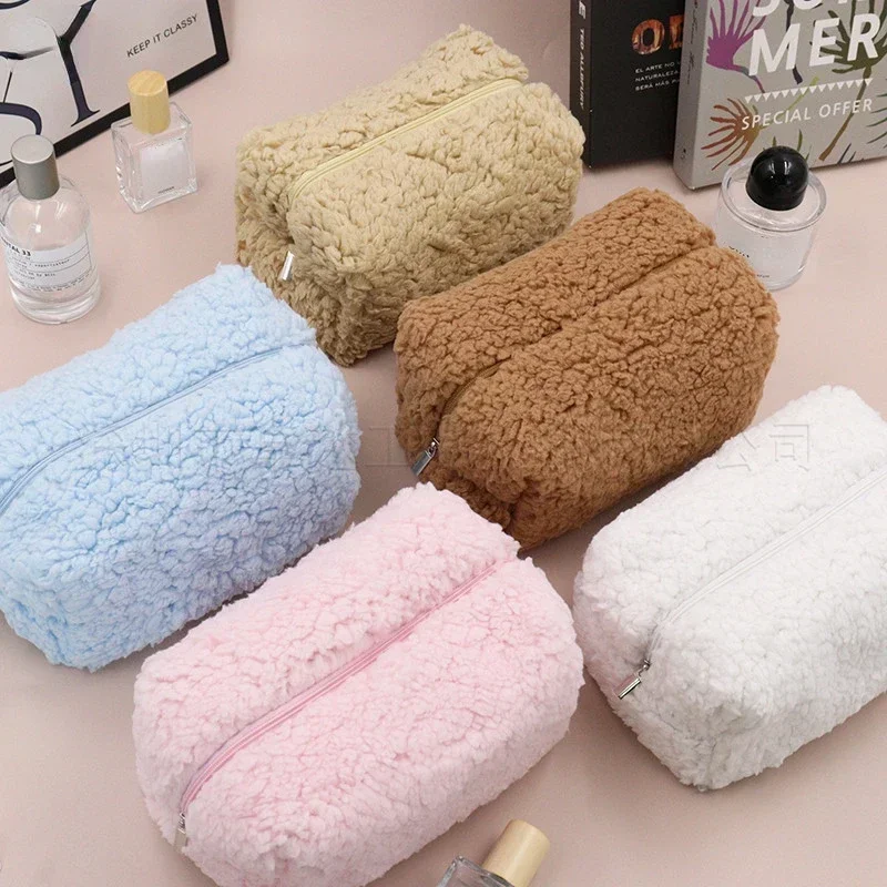 ラムズウール小さな化粧品バッグかわいいぬいぐるみメイクアップオーガナイザーポーチかわいい鉛筆ケースバッグ旅行小銭入れ家庭用収納