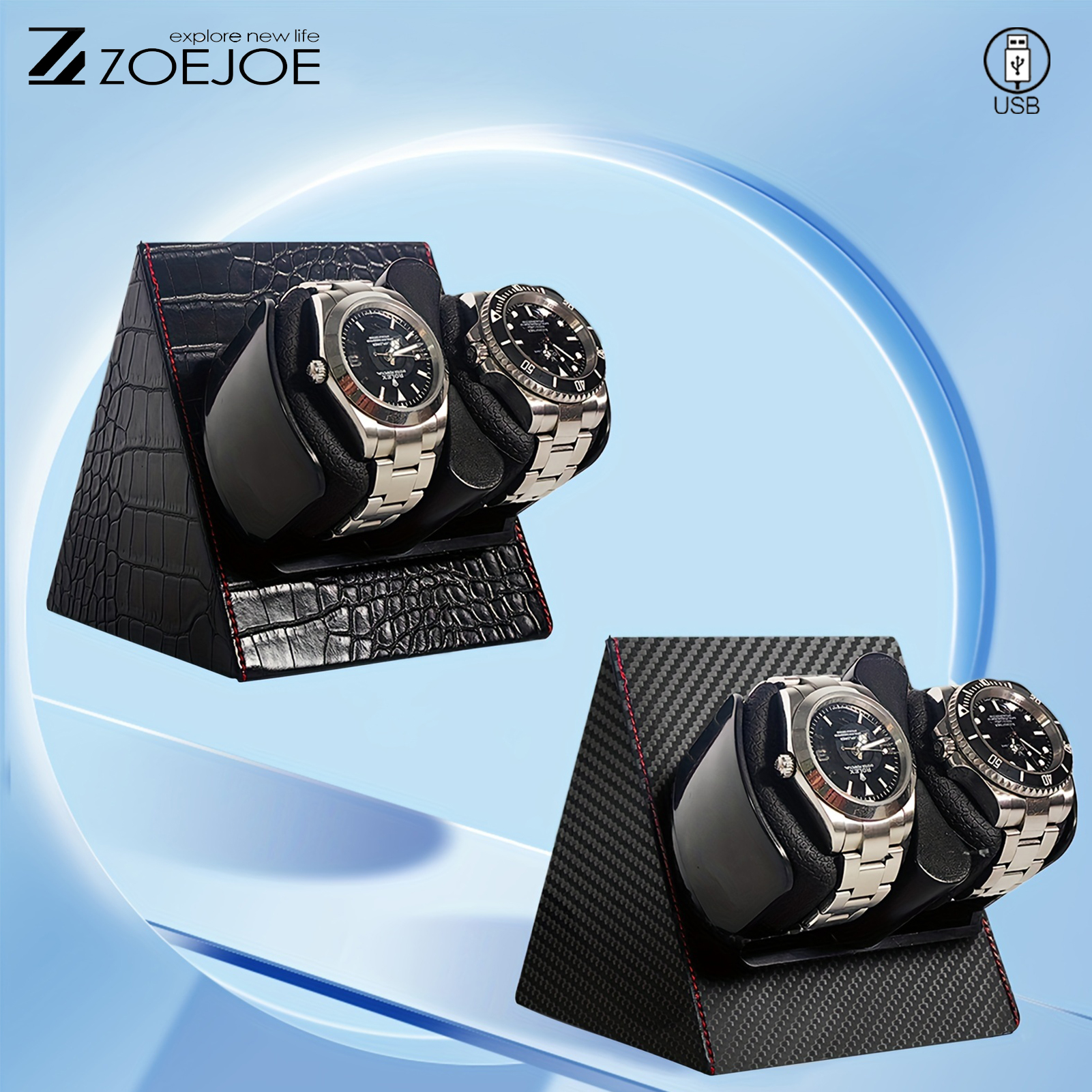 ZOEJOE 2 0 ウォッチワインダー USB電源 カーボンファイバー質感 静音モーター 自動巻き機械式時計用コンパクトディスプレイスタンド
