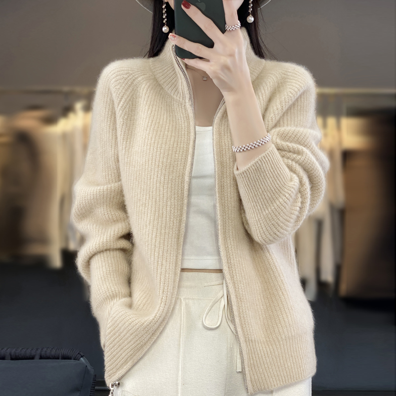 100% ピュアウールジッパーカーディガンパッド入りショルダースタンドカラー女性のカシミヤニットコート新しいラペルセーター