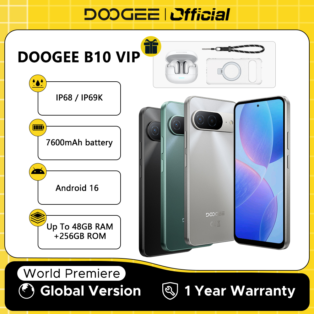 グローバルバージョン DOOGEE B10 スマートフォン Android 16 7600mAh バッテリー 6GB 256GB 6.6 ''ディスプレイ 64MP AI カメラ IP68 / IP69K 携帯電話