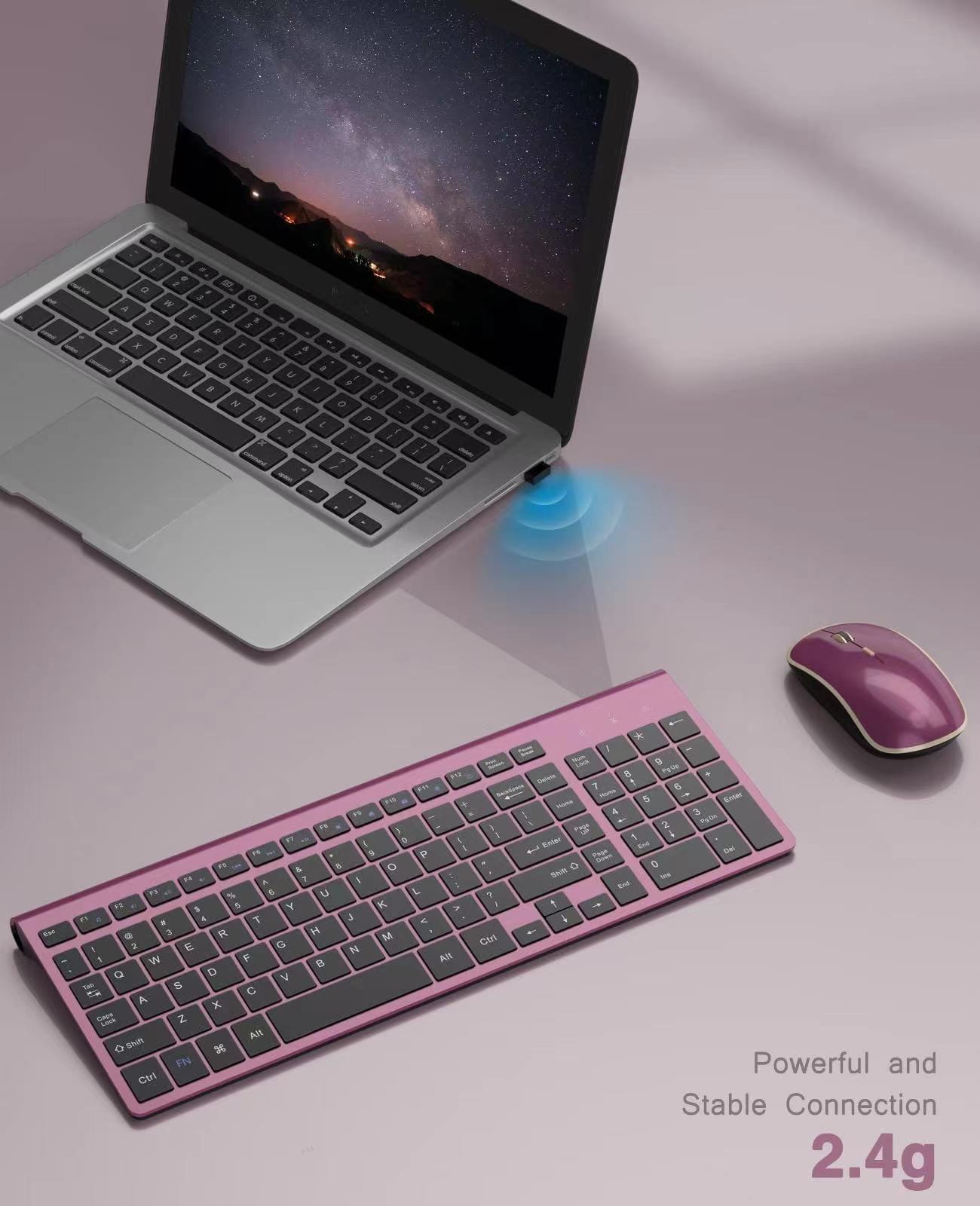 米国レイアウト ワイヤレス キーボード マウス コンボ、2.4G コンパクトでウルトラスリムなワイヤレス キーボードとマウス、デスクトップ、テレビ、PC 用 - ワインレッド