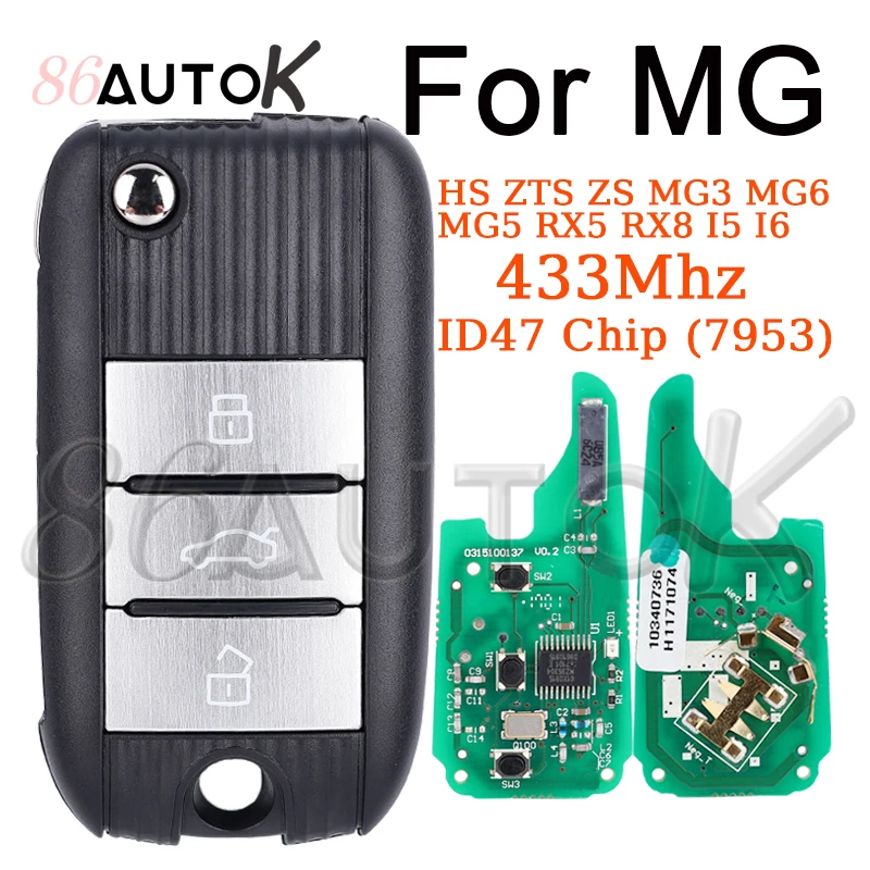 自動スマートリモートキー 433Mhz ID47 チップ (7953) 付き MG HS ZTS ZS MG3 MG6 MG5 RX5 RX8 I5 I6 フリップ折りたたみキー車のキー 3 ボタン