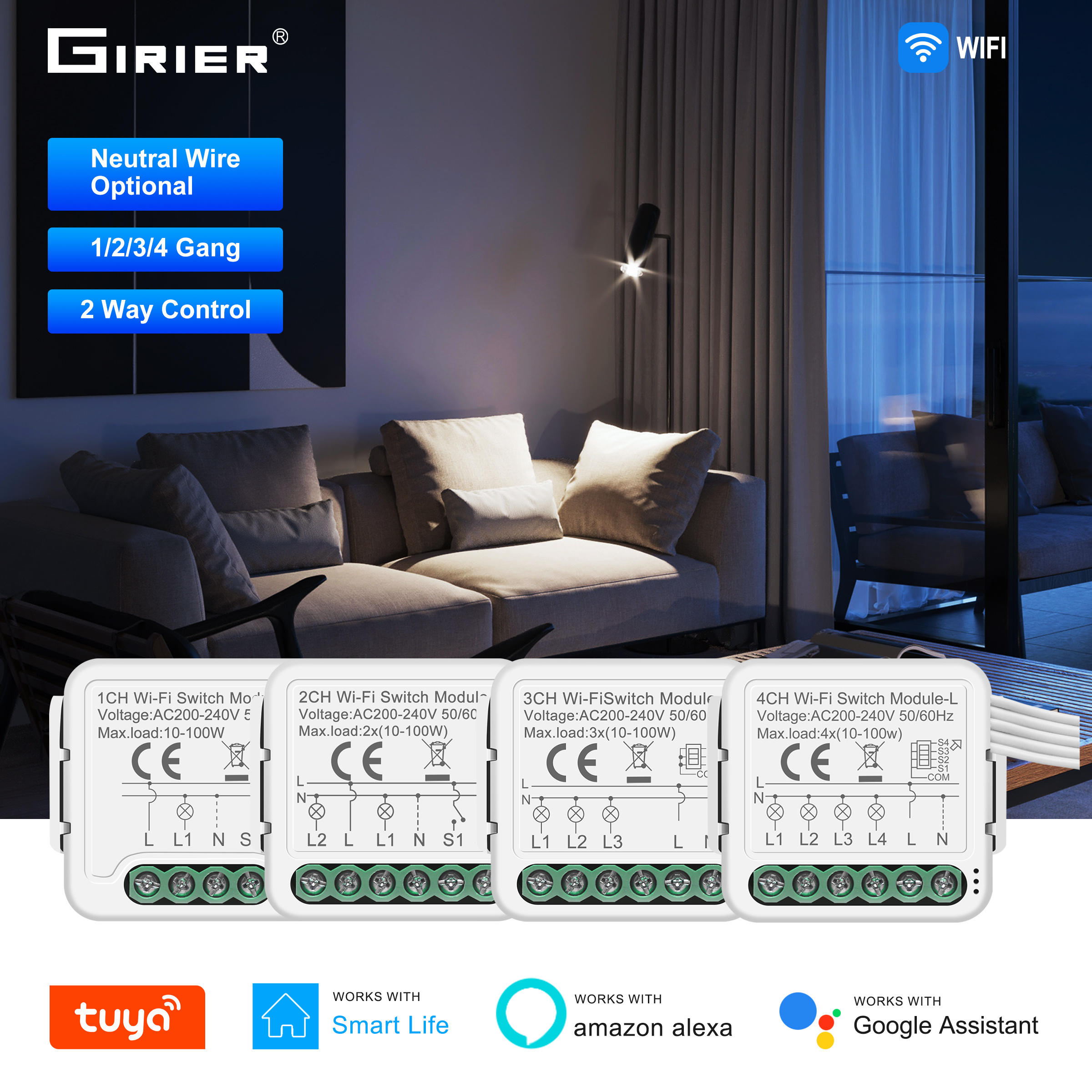 GIRIER Tuya スマート WiFi ライトスイッチモジュール 1 2 3 4 ギャングニュートラル不要ブレーカー 220V 2 ウェイ制御をサポート Alexa Hey Google