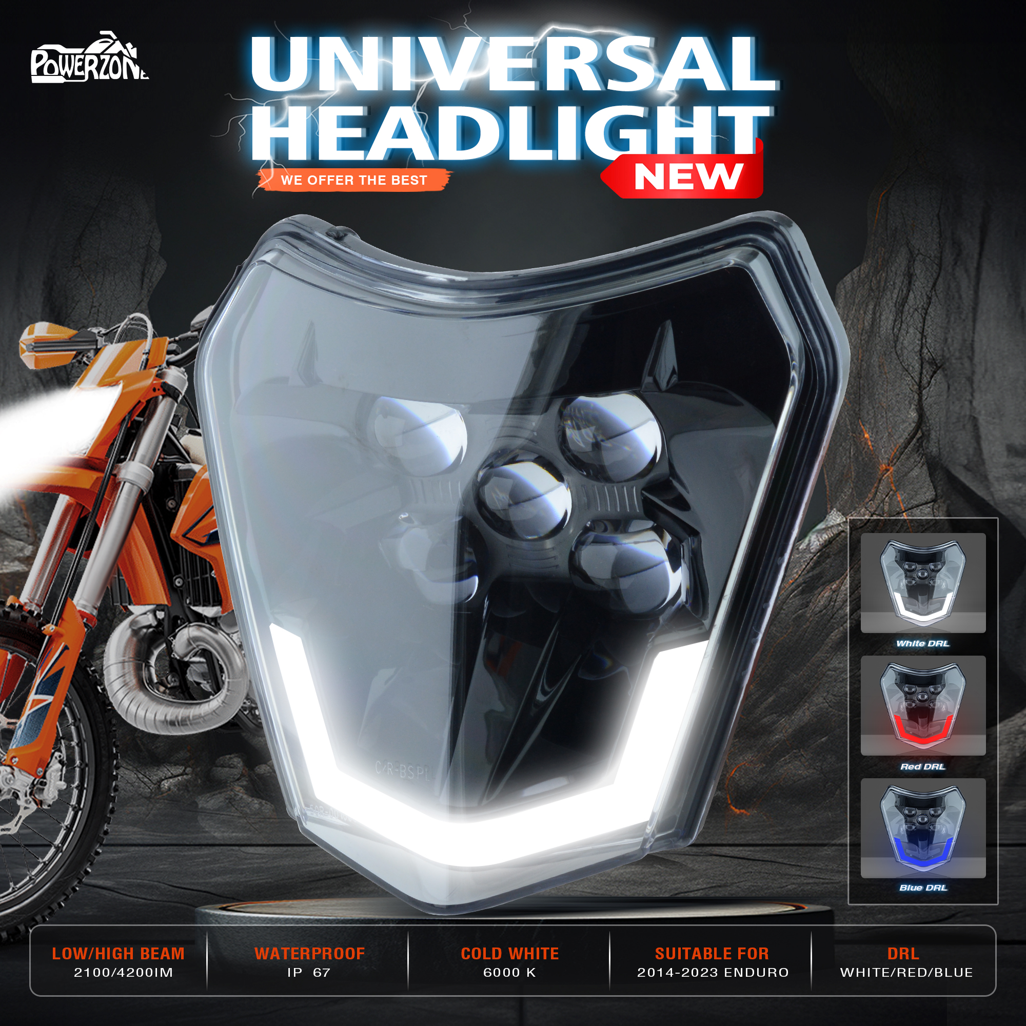 Powerzone KTM EXC XCW SX MX オートバイダートバイクヘッドライト LED ユニバーサルスーパーモトエンデューロヘッドライトヘッドランプ
