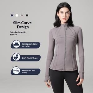 レディース長袖ヨガトップス スパンデックス／ナイロン 通気性抜群 春秋用 厚手 ランニング・フィットネスウェア スタンドカラー スリムフィット