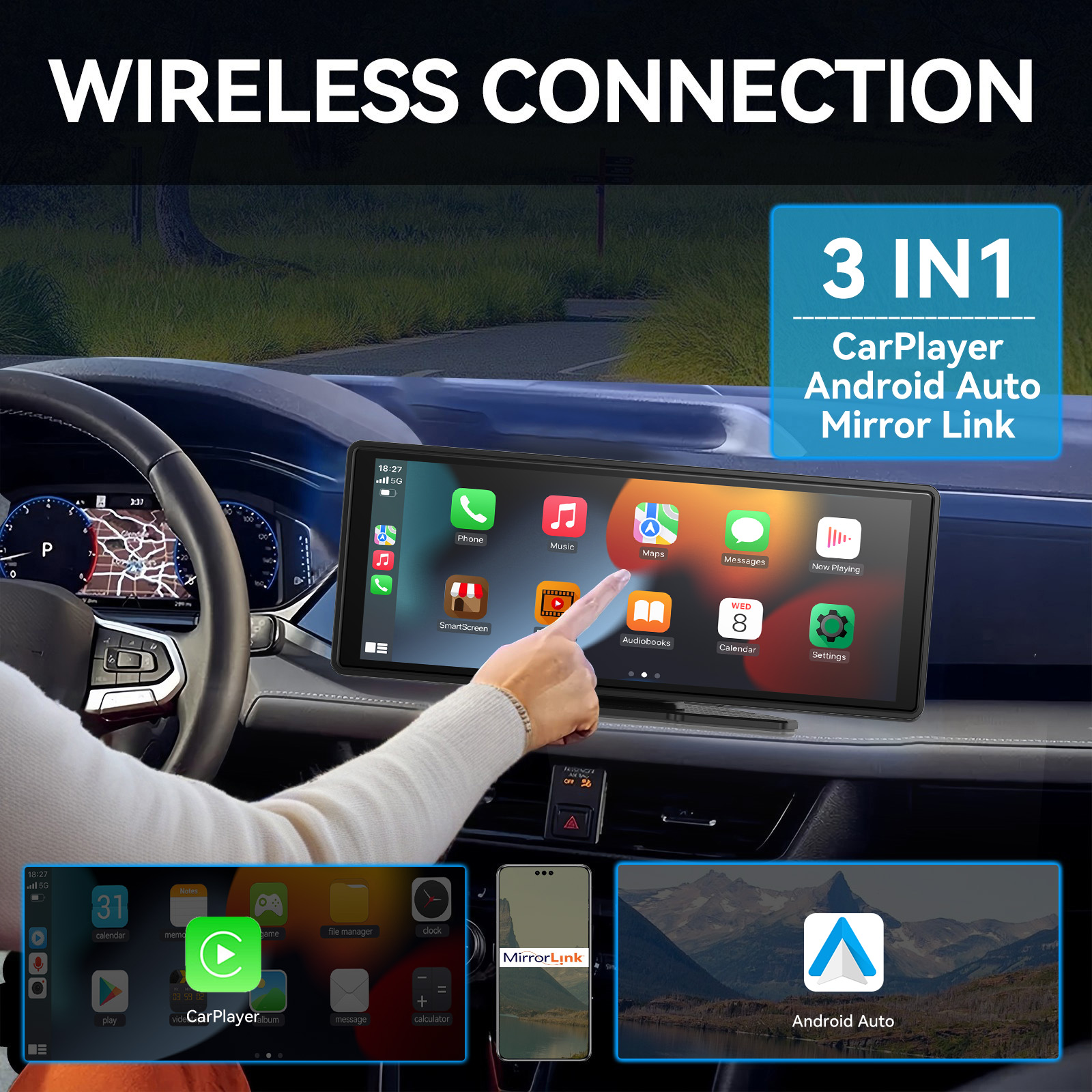 ユニバーサルポータブル Carplay 車のスクリーン、カーラジオマルチメディア WIFI ビデオプレーヤー Apple または Android 用ワイヤレス Carplay スクリーン