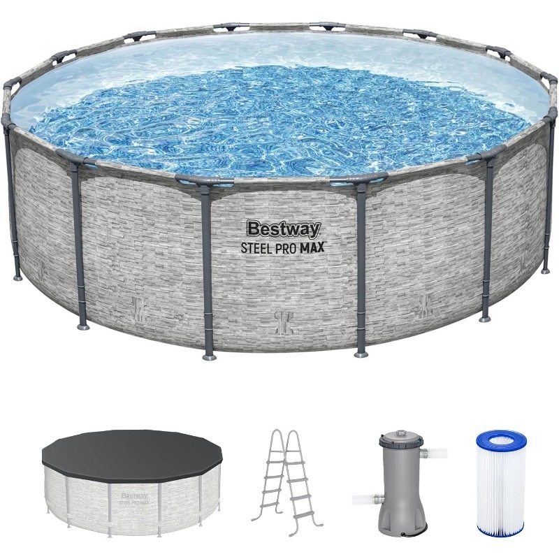 Bestway Steel Pro MAX 地上14フィート x 48インチ プール、ラウンドメタルフレーム屋外スイミングプールセット、フィルターポンプ、はしご、カバー付き