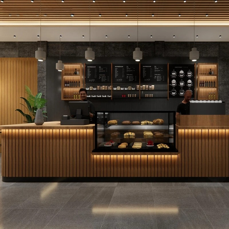 モダンなスタイルの商業バーカウンター、カスタムレセプションカウンター、コーヒーショップカフェティーショップバー用防水ディスプレイワークステーション