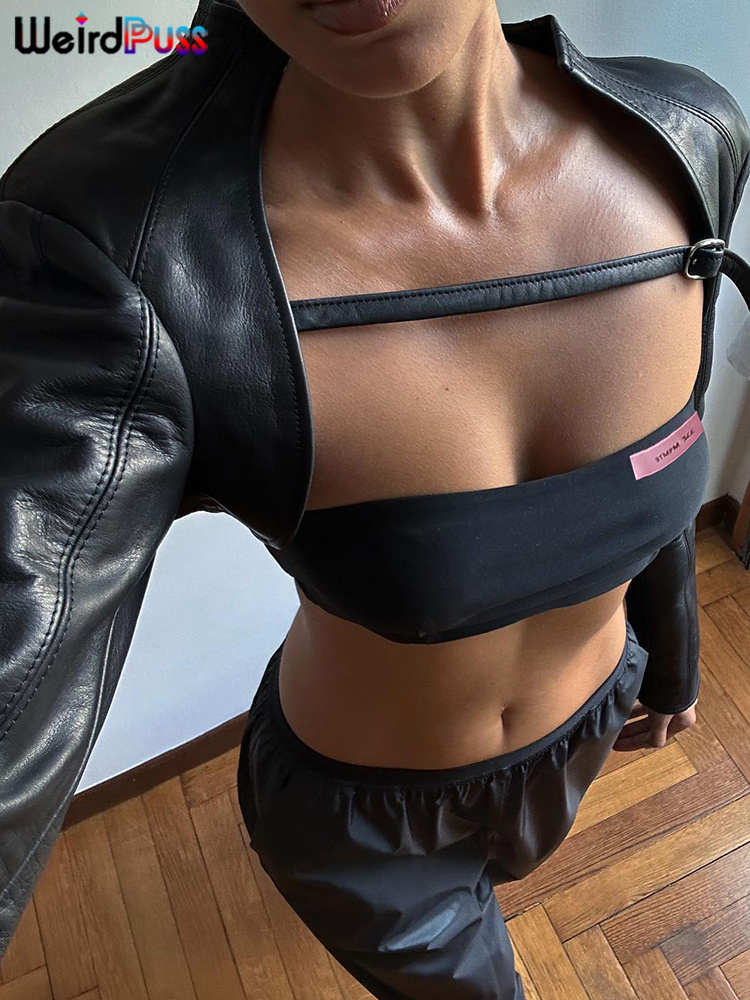 奇妙な小娘エクストラショート女性ジャケットチューブトップレザースタンドカラーシックなバックル秋のファッションヒップスターハイストリート Y2K クロップトップス