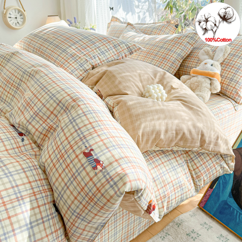 綿 100% 布団カバーセット寝具セットストライプかわいい犬デザイン布団カバー枕快適通気性色あせ防止