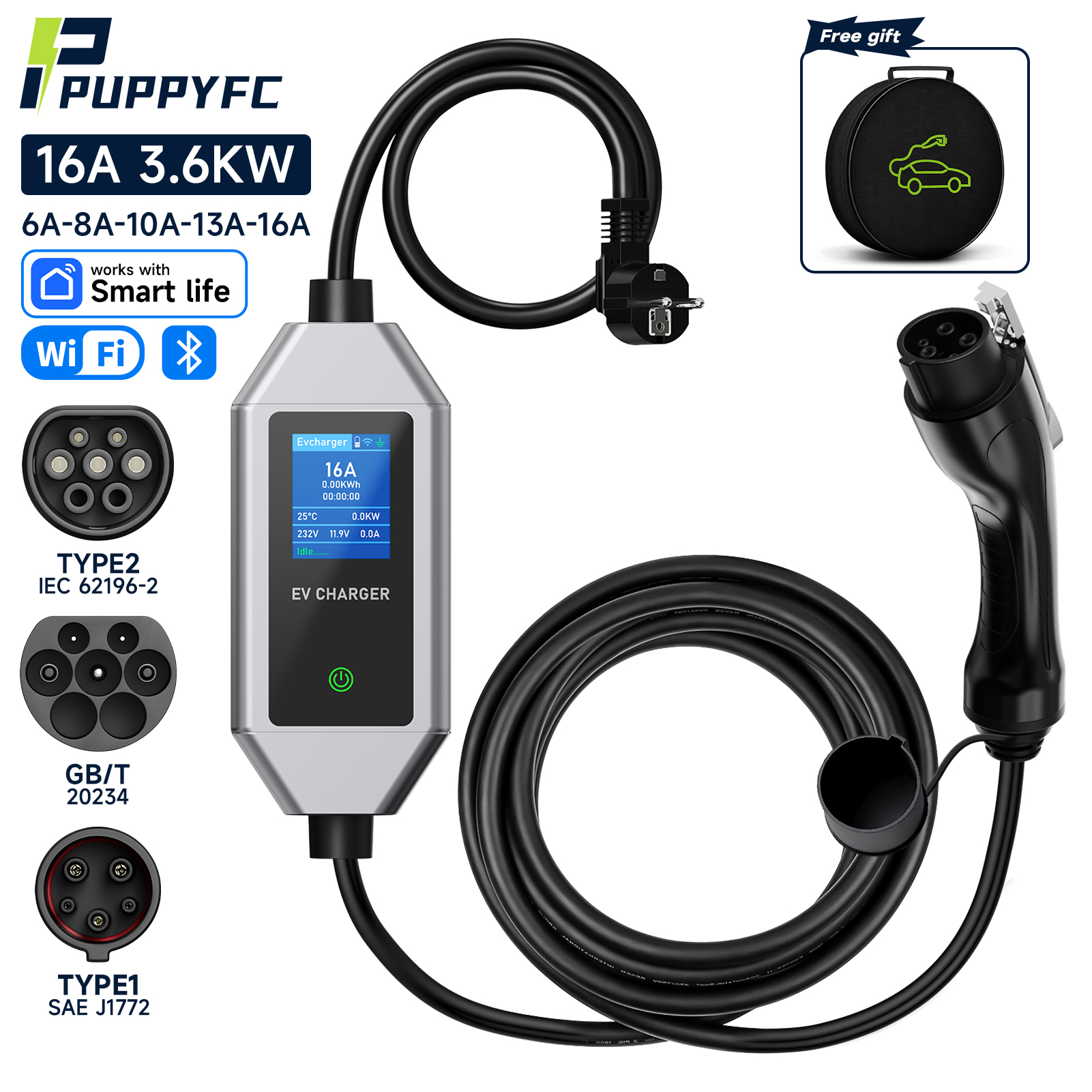 Puppyfc EV ポータブル充電器 Type2/GB/T プラグコネクタ 16A 1 相 3.6KW Type1 ウォールボックス充電ステーション電気自動車用