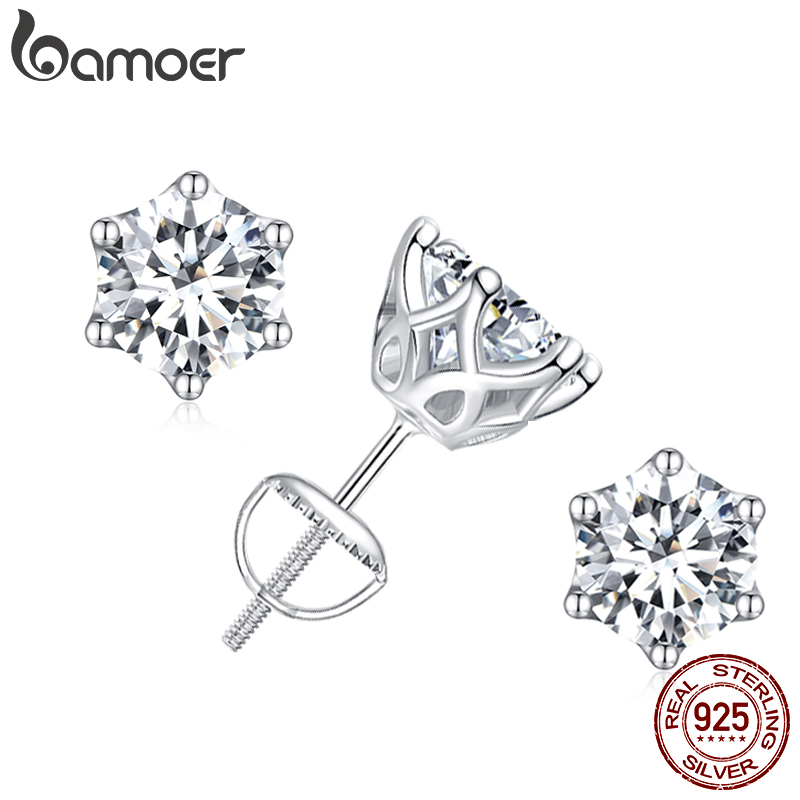 BAMOER 0.5CT-3CT モアッサナイト スタッド イヤリング、S925 シルバー 6 プロング D カラー ラウンド カット ラボ作成ダイヤモンド ウェディング 18k ゴールド イヤリング