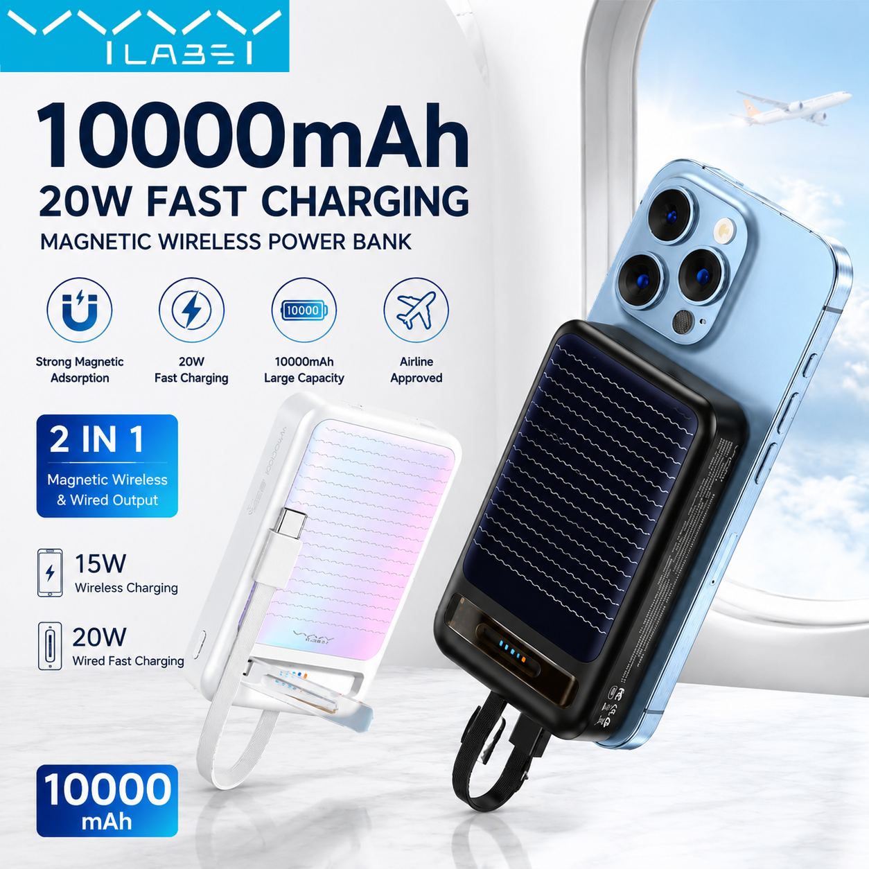 Vyvylabs 10000mAh 磁気パワーバンクタイプ C ケーブル付き 20 ワット急速充電ホルダーパワーバンク iPhone 17 16 サムスン S26 S25 用