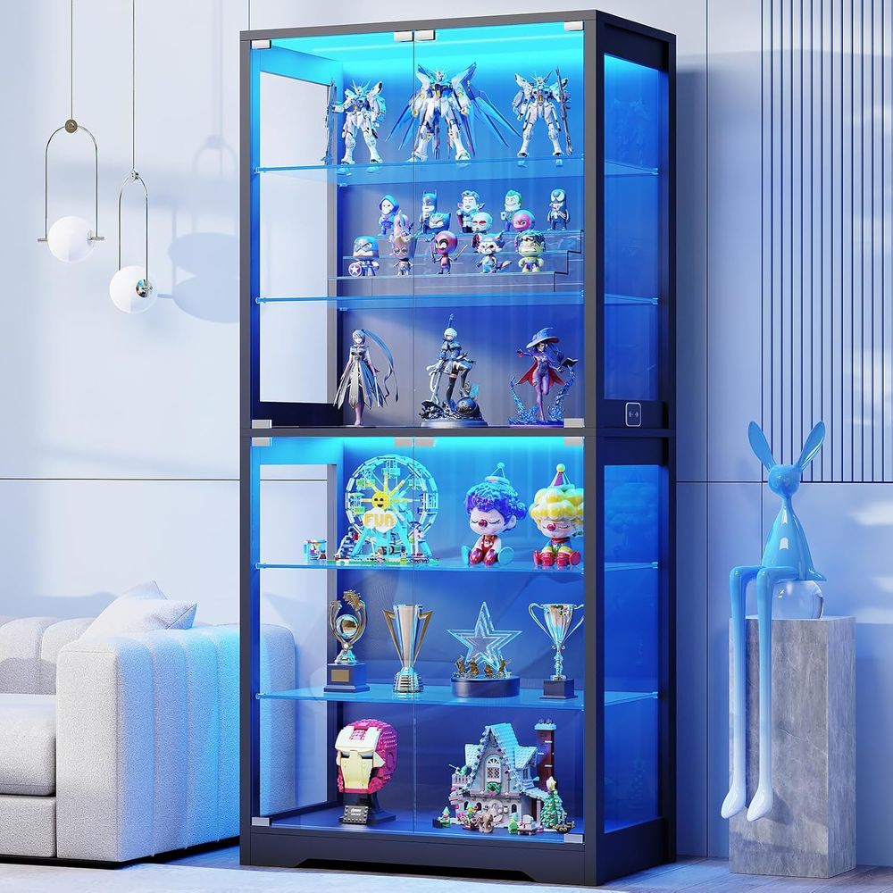 6段71ガラスドアディスプレイキャビネット、調節可能な棚、3色のライト、人体センサー付き、ブラック