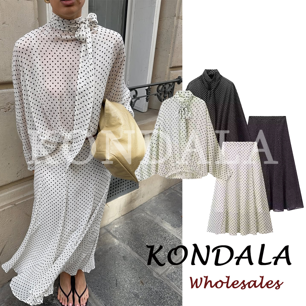 KONDALA シックな女性カジュアル水玉模様のスーツ弓ルーズエレガントなシャツドレープロングミディスカートファッション 2026 ストリート女性セット