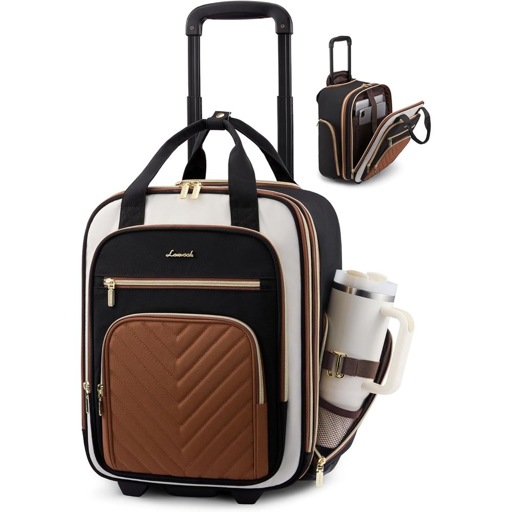 Wheeled Underseat Carry-On Luggage with Large Tumbler Holder, Versatile Side-Slung Bag for Travel or Work
