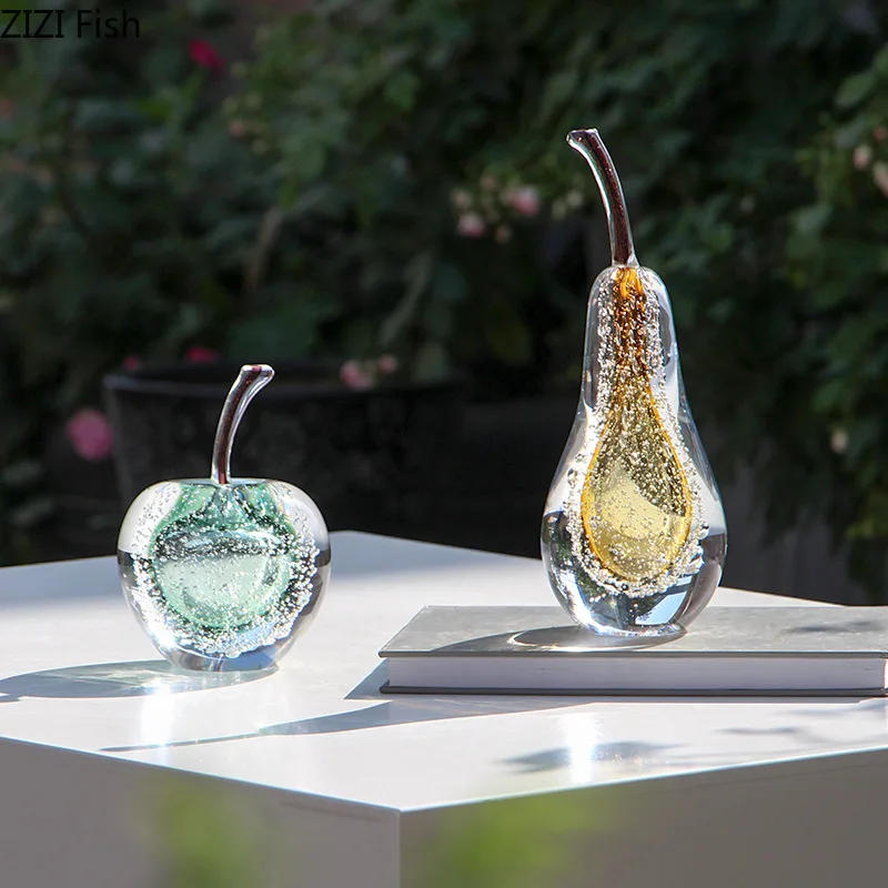 透明バブルリンゴ/ペアガラス像デスク装飾装飾品クリエイティブ工芸果物彫刻ルーム美的装飾