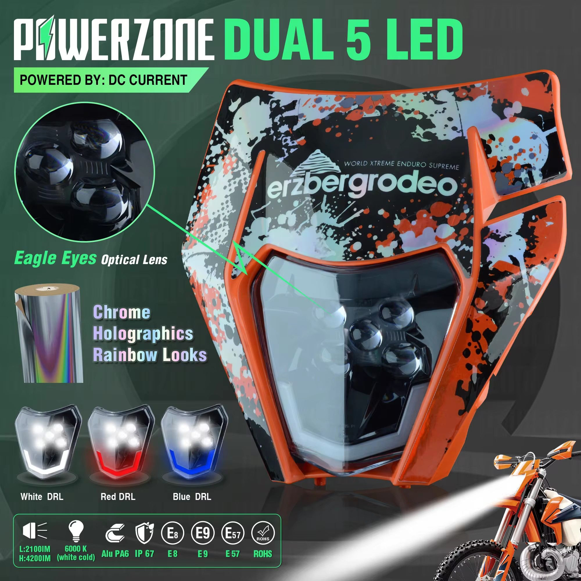 PowerZone オートバイのヘッドライトヘッドランプヘッドライトスーパーモトフェアリング KTM EXC SXF MX ダートバイクエンデューロヘッドライト