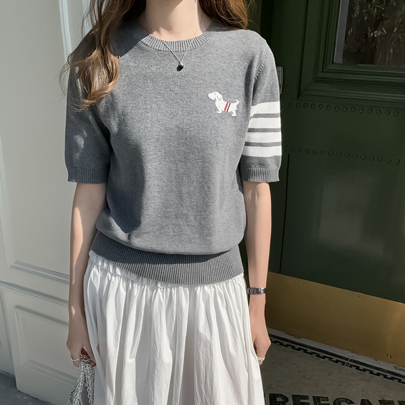 夏綿 100% 女性の Tシャツカジュアルストライプニットプルオーバー半袖ルーズラウンドネック Tシャツ刺繍高級ブランドトップ