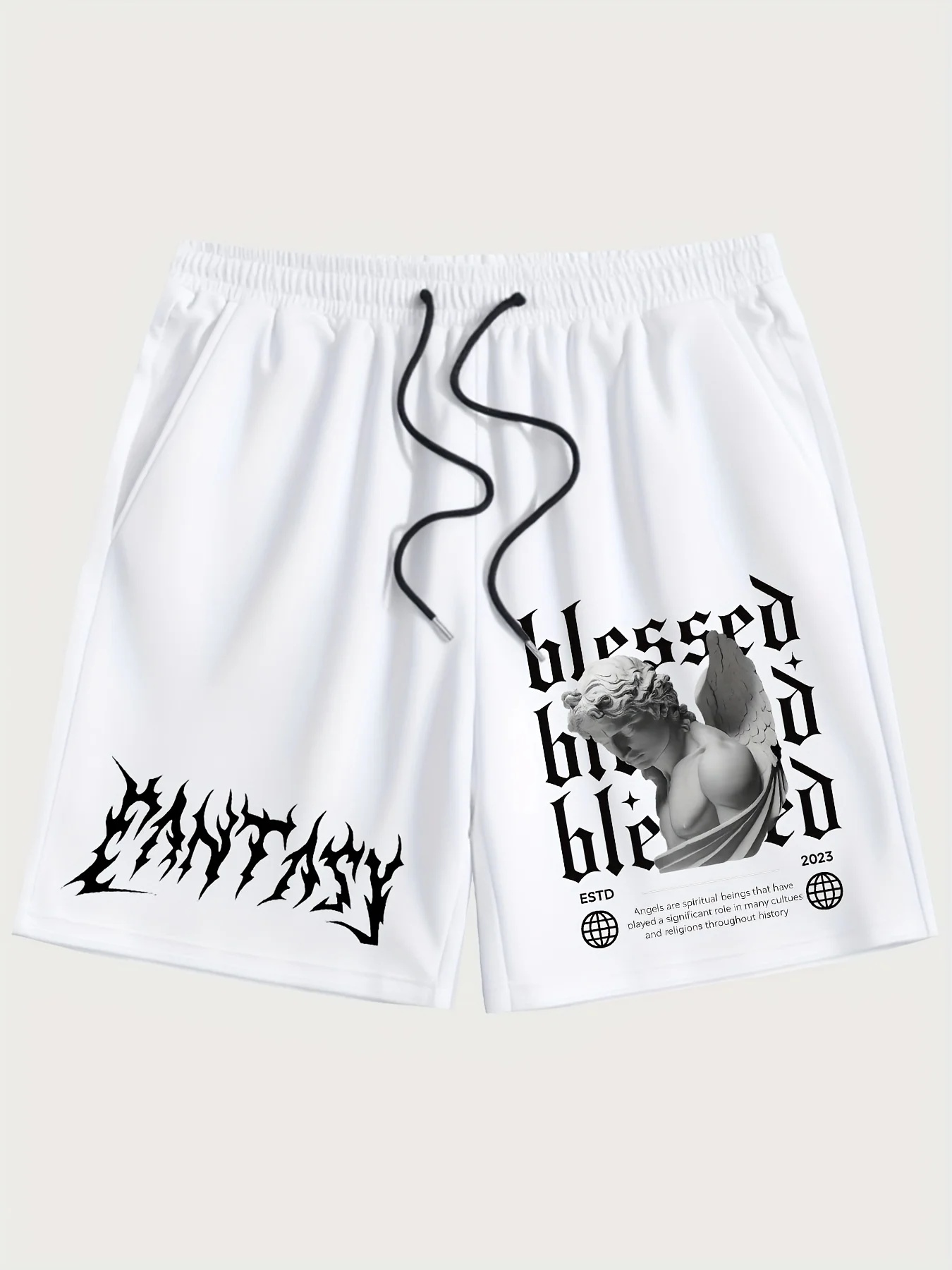 2026 夏の新ホット男性ドリームエンジェルゴシック柄ショーツダークグレーストリートドレス巾着夏カジュアルスポーツショーツ