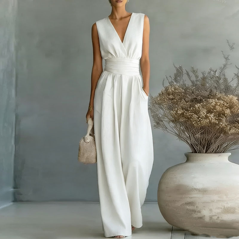 2026 Deep V Neck Women's Jumpsuits Elegant Solid High Waist Rompers Casual Wide Leg Pants Pocket Overalls Vacation Outfit Loose