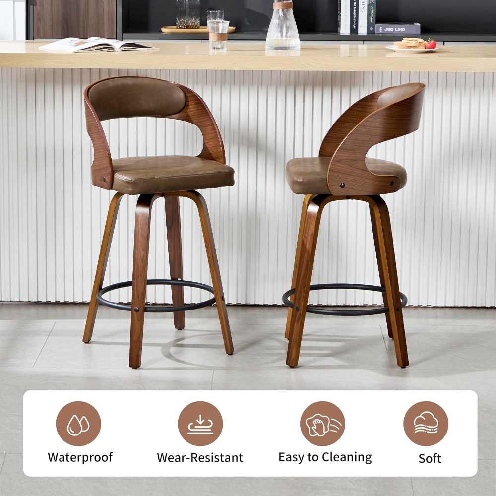 ウォールナット背もたれ付きのモダンなフェイクレザー回転バースツール