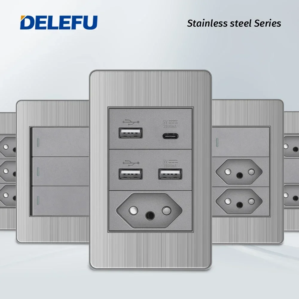 DELEFU グレーステンレス鋼パネルブラジル標準コンセントダブル USB タイプ C 壁電源ソケットライトスイッチオフィス 4*2 10A 20A