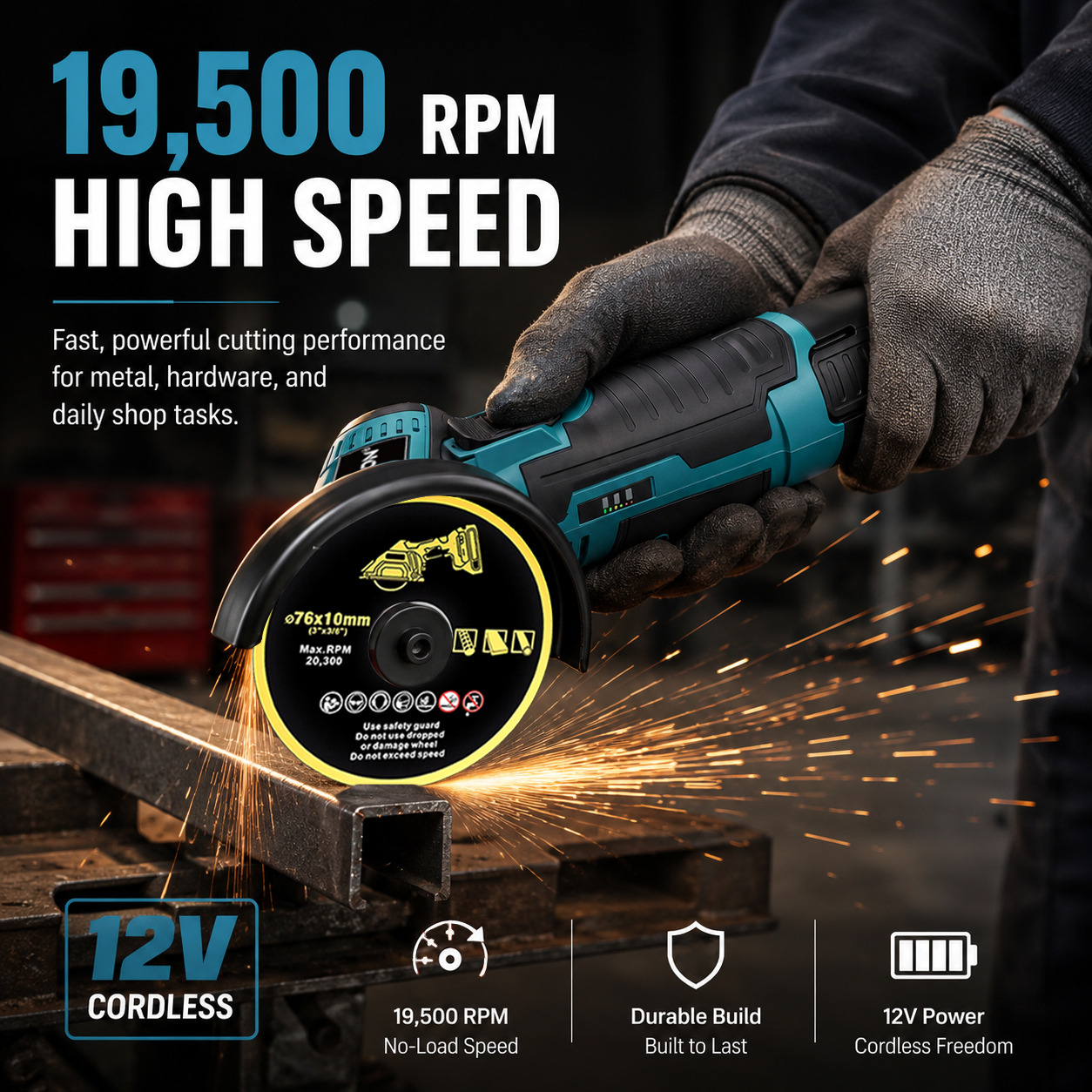 Hippcron 12V Cordless Mini Angle Grinder, Portable Lithium Battery Powered Electric Grinding Polishing Cutting Power Tool