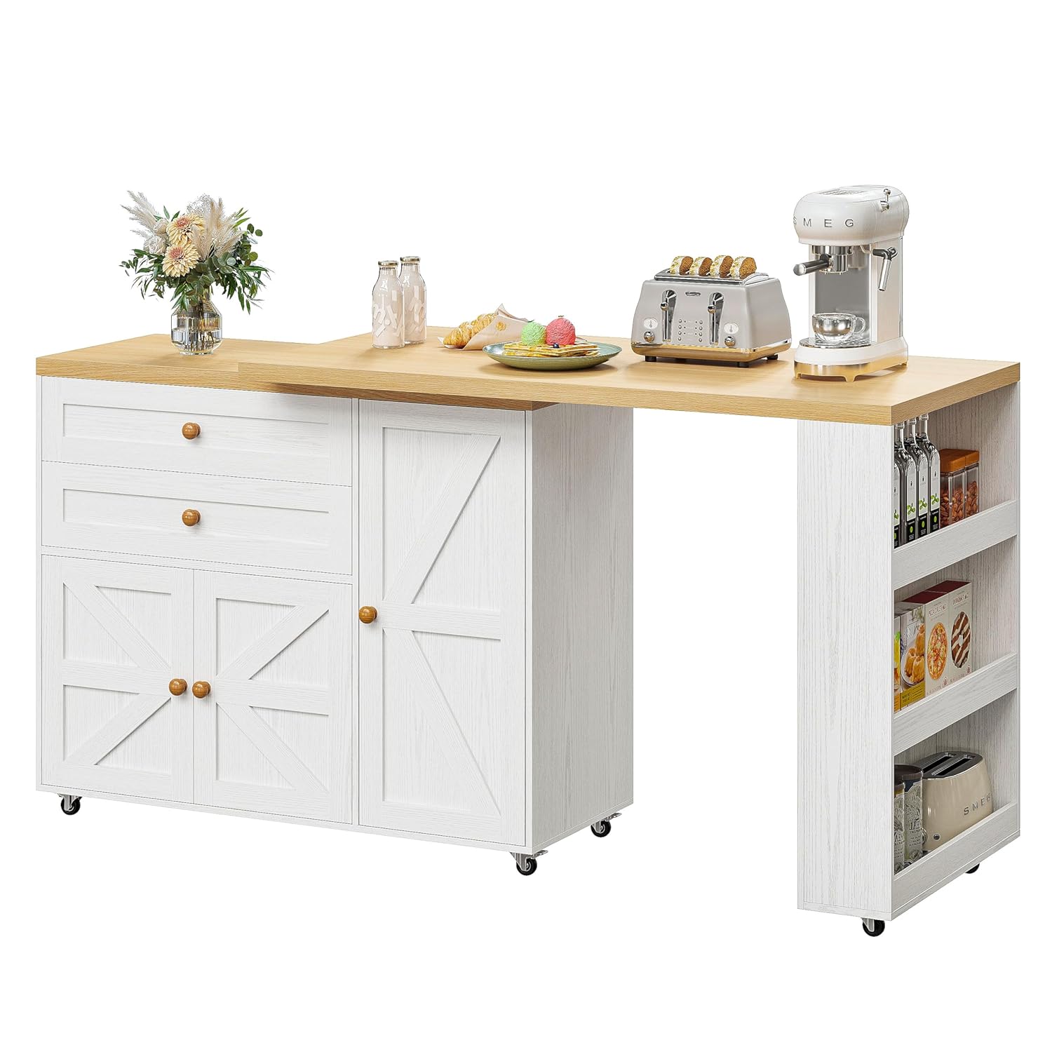 #Kitchen Island Cart 71" Rolling Storage Shelves Drawers 360°Rotating Tabletop Spice Rack White, Customized
