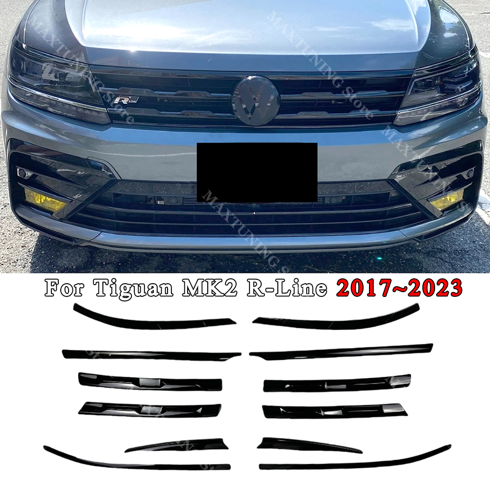 Vw ティグアン MK2 R ライン 2017-2021 フロントバンパーヘッドライト眉毛センターグリルフォグライト黒成形ストリップステッカートリム