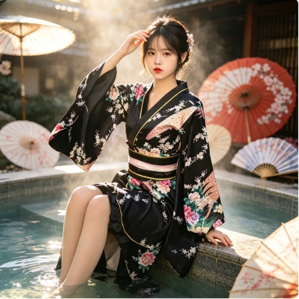 女性の赤いフォーマル着物浴衣、古典的な日本の伝統的な衣服、普段着、写真撮影に最適です