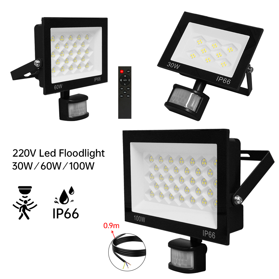 PIRモーションセンサー搭載LED投光器 AC220V 100W 60W 30W IP66防水 屋外ガーデンプロジェクタースポットライト IRリモコン付き