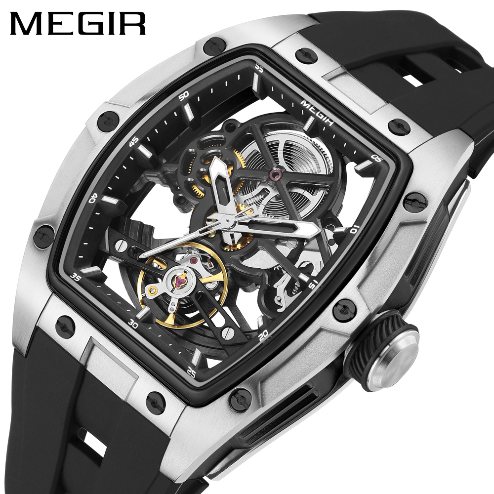 MEGIR ファッションレジャー合金ケース男性機械式時計シリコーンバンド樽型ダイヤル発光ポインターデザイン男性腕時計
