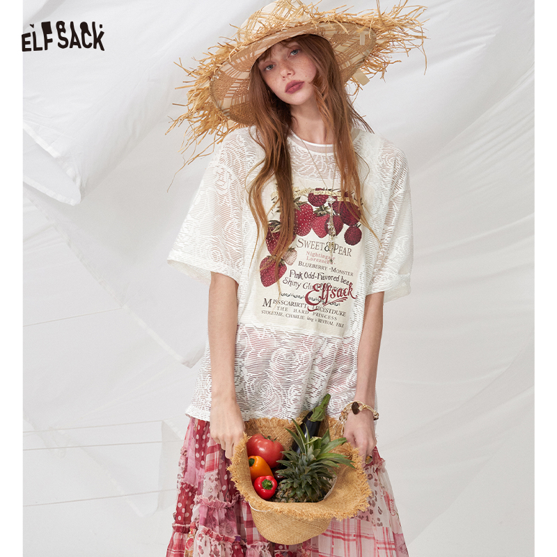 ELFSACK かわいいイチゴプリントメッシュ T シャツ、かわいい白レースシアーオーバーサイズ T シャツ、夏用カジュアルトップス