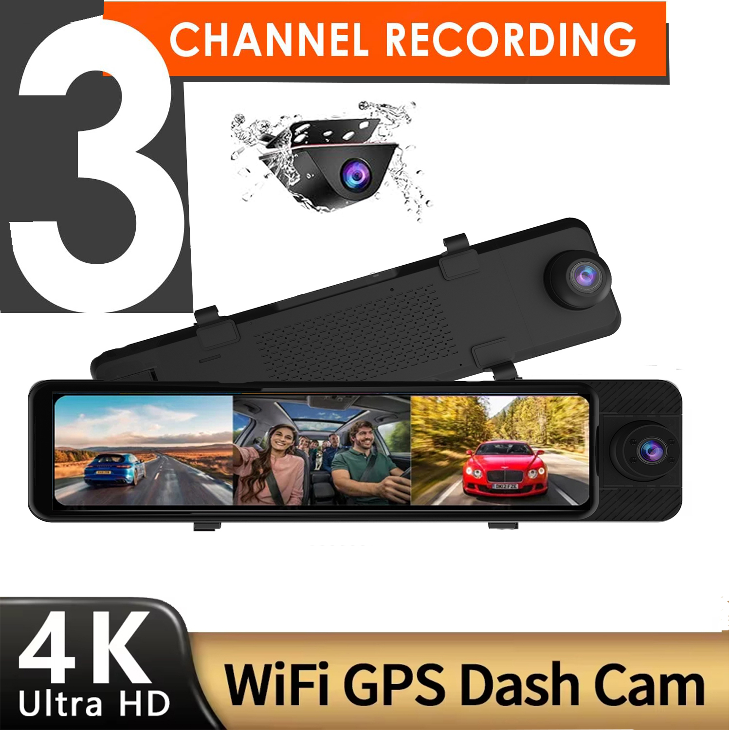 4K 3チャンネルミラーダッシュカム、11インチトリプルリアビューミラーダッシュカメラフロントインサイドリアナイトビジョンWDR GPS 24Hパーキングモニター